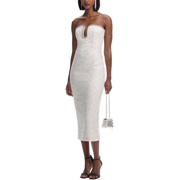 (Women) Self-Portrait Sleeveless Ivory White Sequin Tweed Midi Dress for Women SWF351Y03200 圖 4