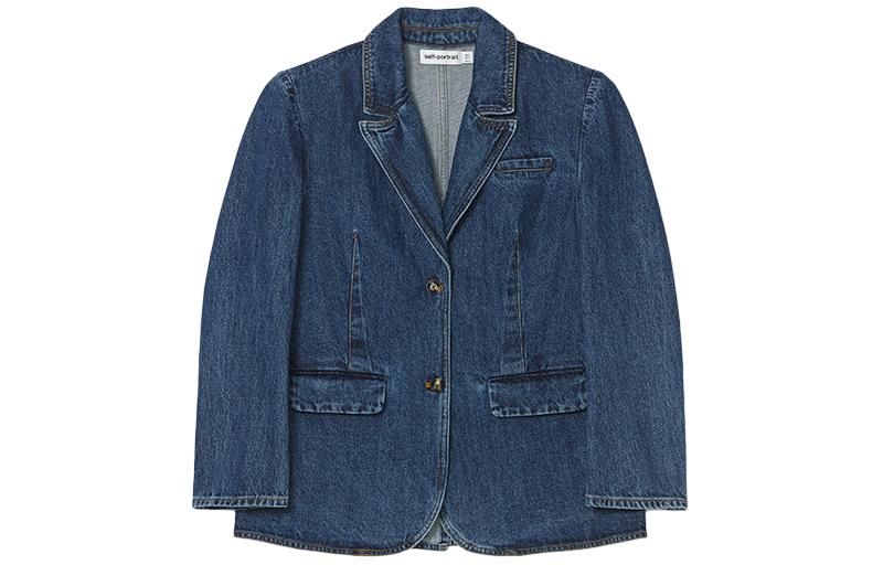 (Women) Self-Portrait Solid Collar Button-Up Denim Jacket  Denim Blue SWF352T02200