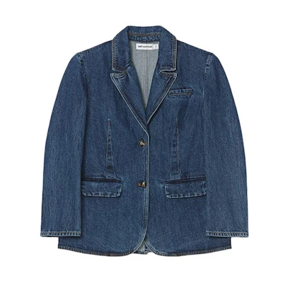 (Women) Self-Portrait Solid Collar Button-Up Denim Jacket Denim Blue SWF352T02200