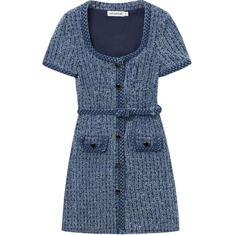 (Women) Self-Portrait Solid U-Neck Waist-Cinched Short Sleeve Denim Blue Dress Women SWF353Y06900