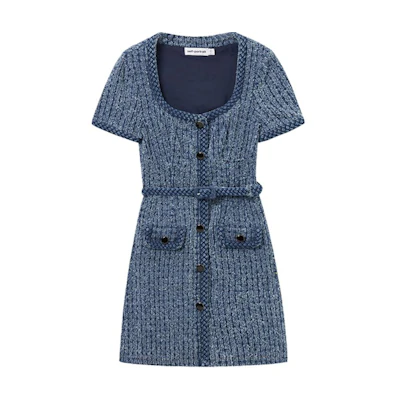 (Women) Self-Portrait Solid U-Neck Waist-Cinched Short Sleeve Denim Blue Dress Women SWF353Y06900