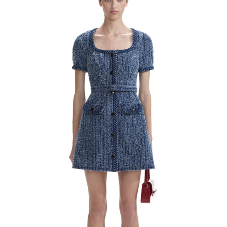 (Women) Self-Portrait Solid U-Neck Waist-Cinched Short Sleeve Denim Blue Dress Women SWF353Y06900 圖 3