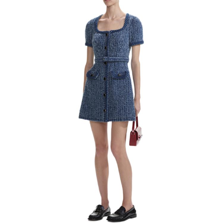 (Women) Self-Portrait Solid U-Neck Waist-Cinched Short Sleeve Denim Blue Dress Women SWF353Y06900 圖 4