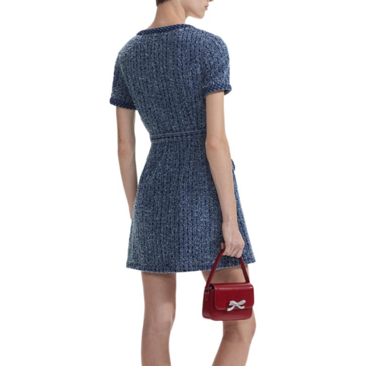 (Women) Self-Portrait Solid U-Neck Waist-Cinched Short Sleeve Denim Blue Dress Women SWF353Y06900 圖 5