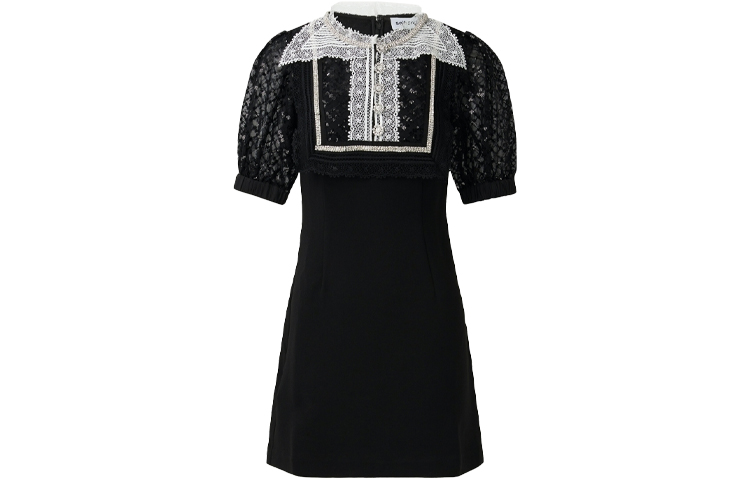 (Women) Self-Portrait SS21 Black Lace Puff Sleeve Slim Fit A-Line Mini Dress Women. SWF345Y04900