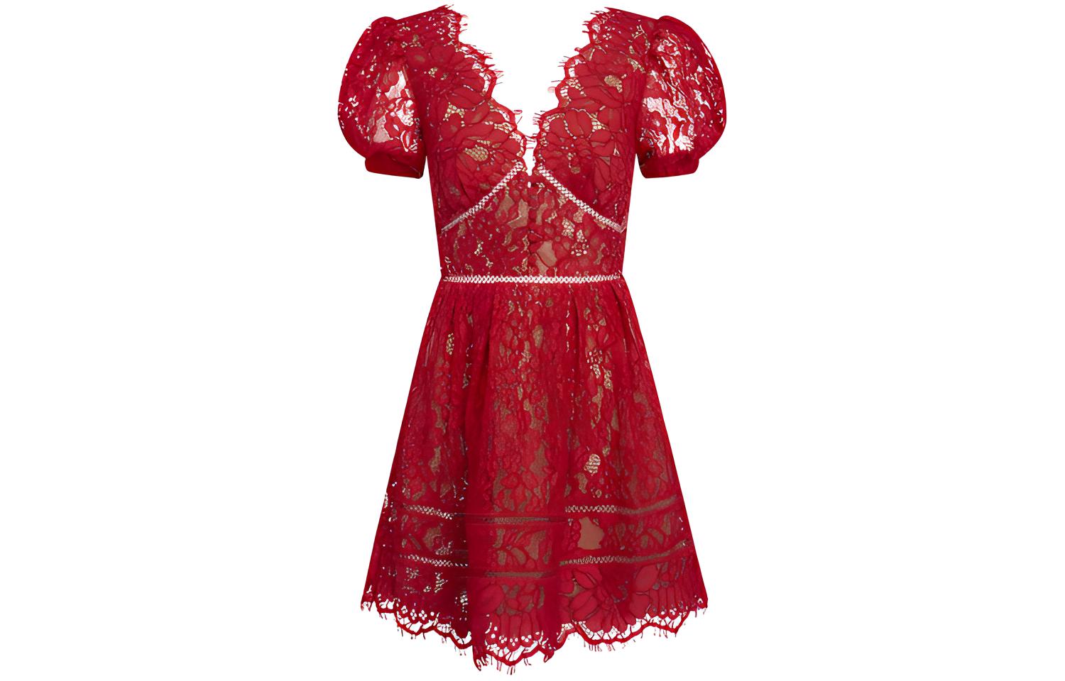 (Women) Self-Portrait SS21 Red Cutout Wrap A-Line Short Sleeve Dress Women’s RS21035