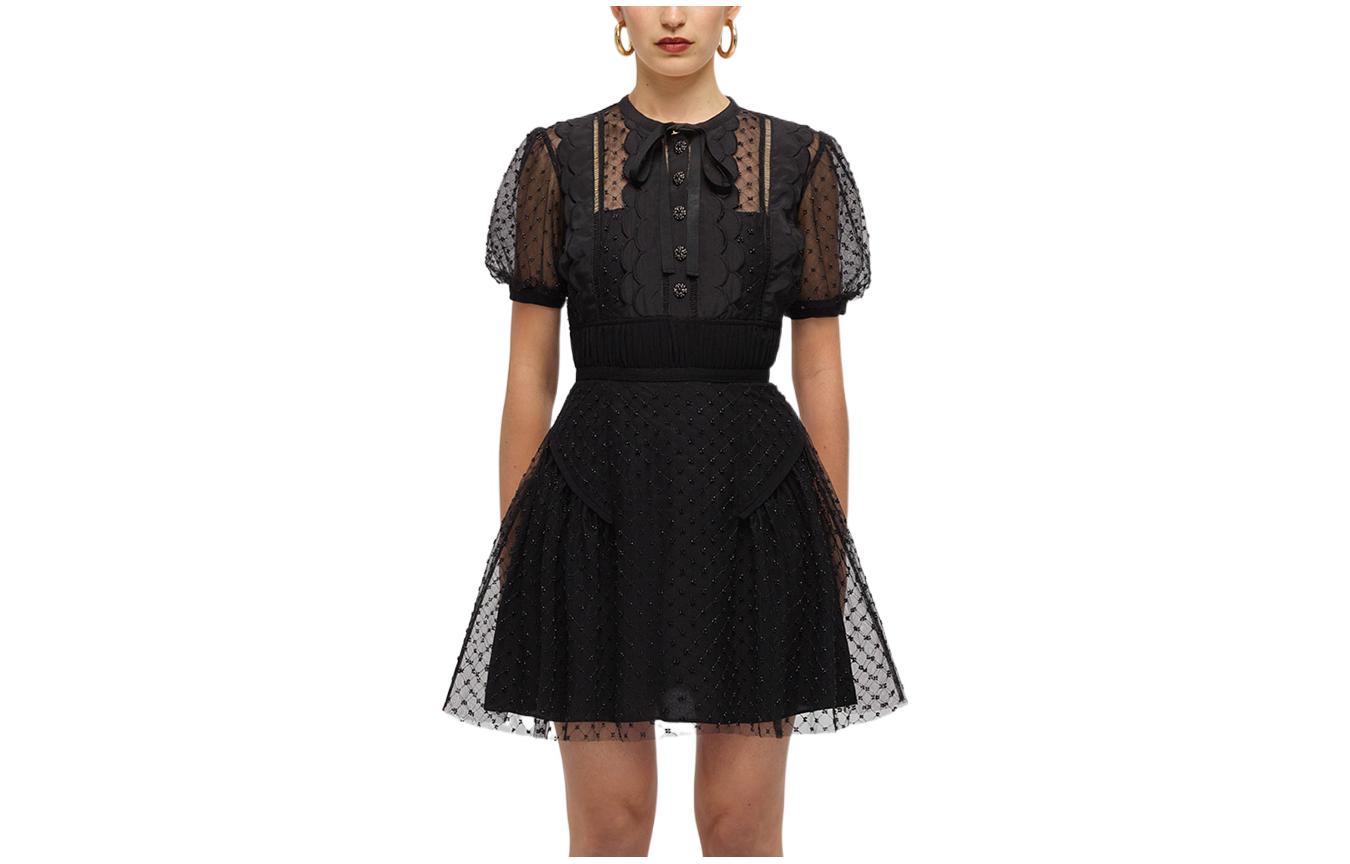(Women) Self-Portrait SS22  Black Lace Mesh Embroidered Short Sleeve Dress SWF331Y00900