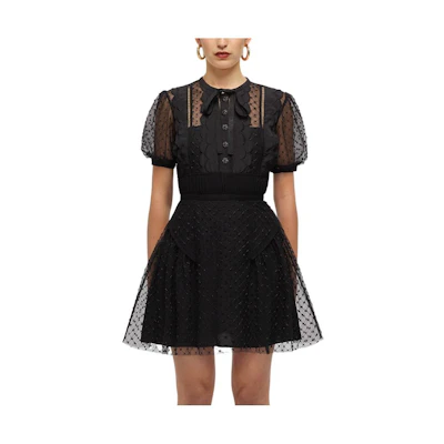 (Women) Self-Portrait SS22 Black Lace Mesh Embroidered Short Sleeve Dress SWF331Y00900