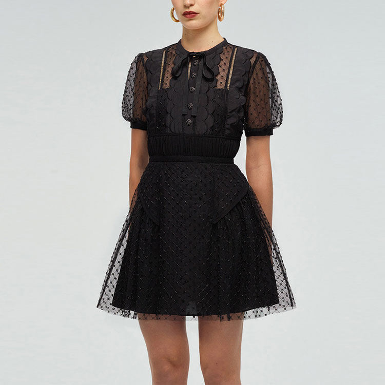 Shop (W) Self-Portrait SS22 黑色蕾絲網紗刺繡短袖連衣裙 SWF331Y00900