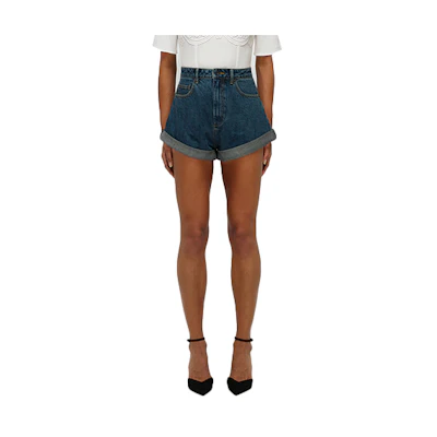 (Women) Self-Portrait SS22 High-Waist Cuffed Denim Shorts Blue SWF331K00800
