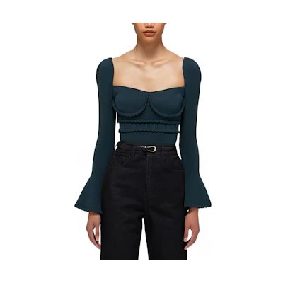 (Women) Self-Portrait SS22 Khaki Green Square Neck Knitted Crop Top Long Sleeve SWF332M05700