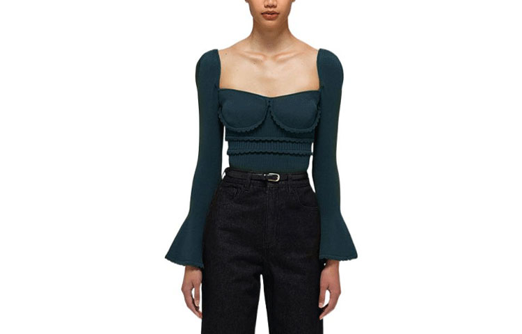 Order (W) Self-Portrait SS22 Top Hijau Khaki Leher Petak Knit Lengan Panjang Crop SWF332M05700