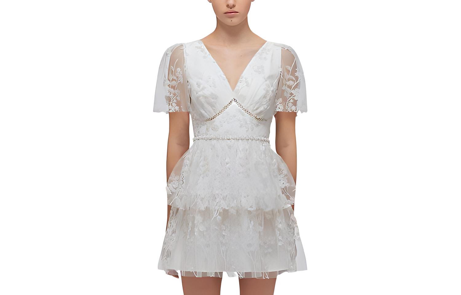 (Women) Self-Portrait SS22  Lace Embroidered Short Sleeve White Dress SWF332Y19200