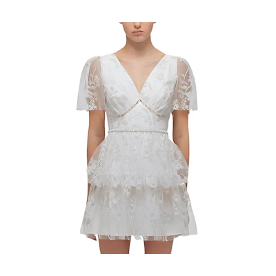 (Women) Self-Portrait SS22 Lace Embroidered Short Sleeve White Dress SWF332Y19200