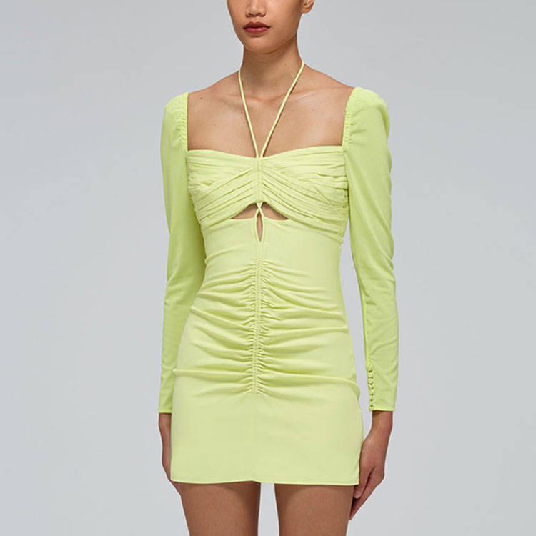 Shop (W) Self-Portrait SS22 Lemon Yellow Halter Maxi Dress Potongan Terkini. SWF332Y14200