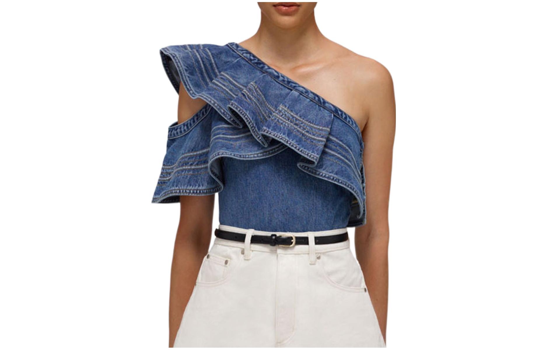 (Women) Self-Portrait SS22  Ruffled Off-Shoulder Denim Top in Blue SWF332C03200