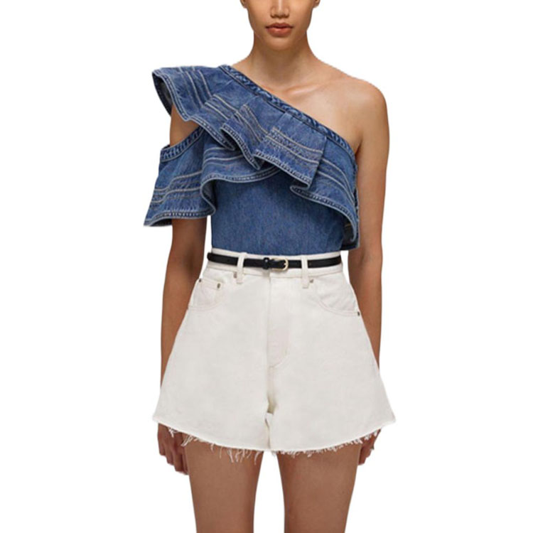 Lookbook (W) 셀프-포트레이트 SS22 러플 오프숄더 데님 탑 블루 SWF332C03200