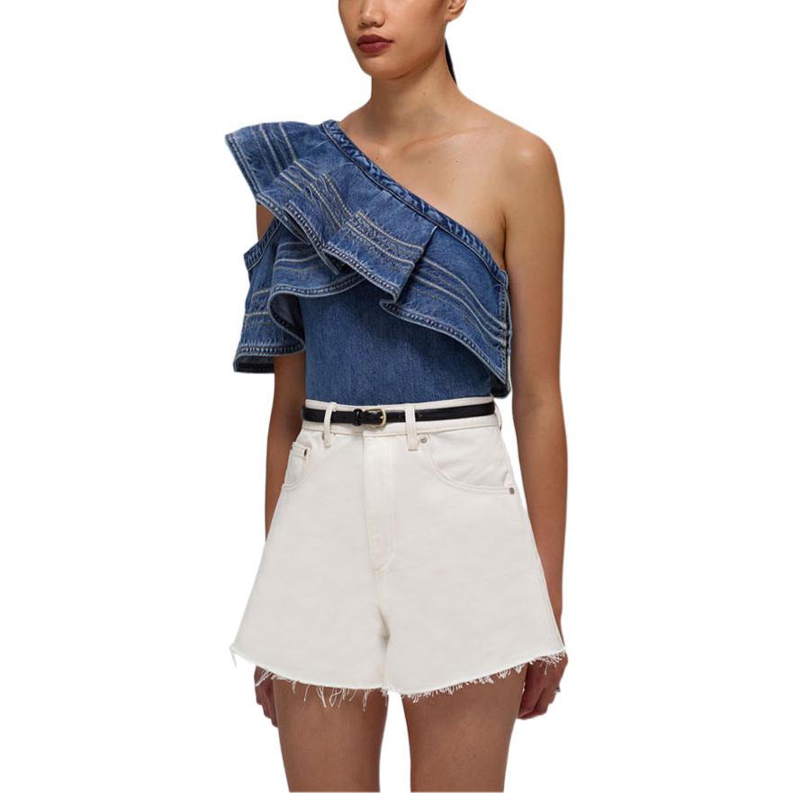 Purchase (W) 셀프-포트레이트 SS22 러플 오프숄더 데님 탑 블루 SWF332C03200