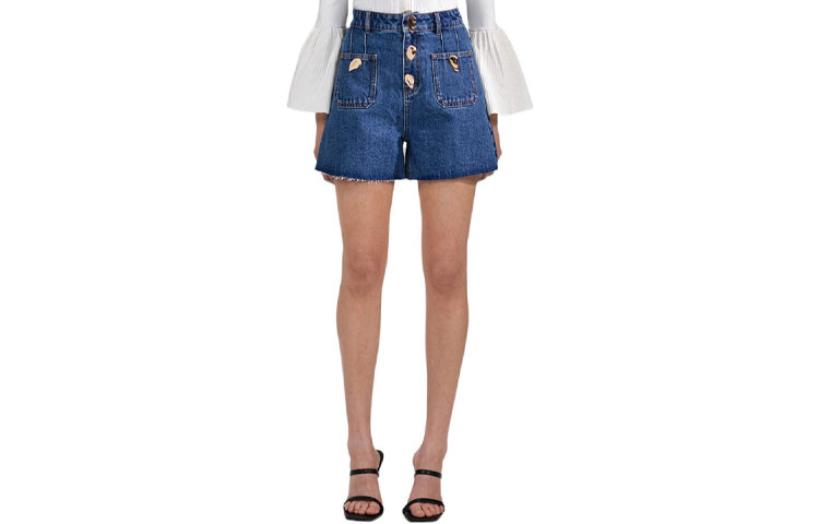 (Women) Self-Portrait SS22  Solid Button Denim Shorts - Denim Blue SWF333K00400