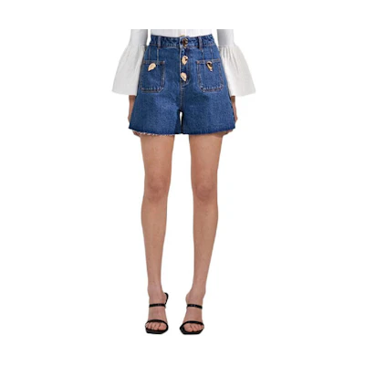 (Women) Self-Portrait SS22 Solid Button Denim Shorts - Denim Blue SWF333K00400