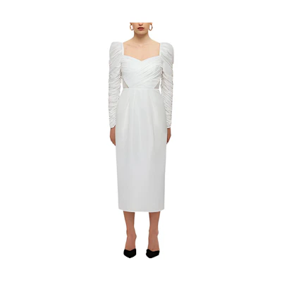 (Women) Self-Portrait SS22 White Ruched Slim Fit French Long Sleeve Dress SWF331Y07700
