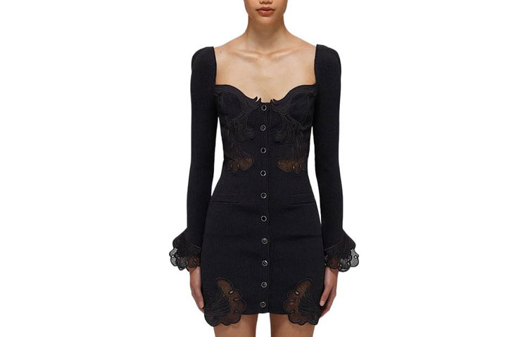 (Women) Self-Portrait SS22 Black Lace Knit Square Neck Slim Fit Long Sleeve Mini Dress Women SWF332M06200 圖 2