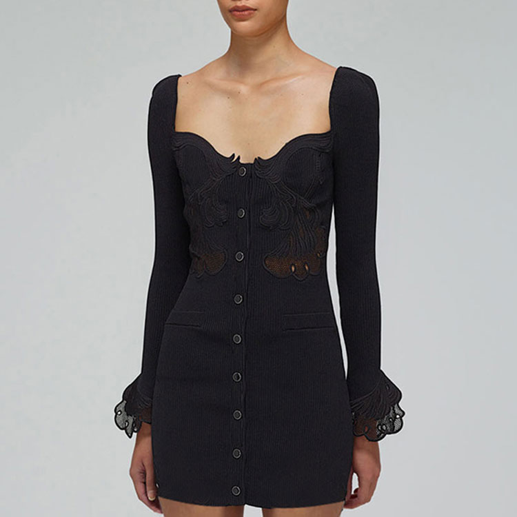 (Women) Self-Portrait SS22 Black Lace Knit Square Neck Slim Fit Long Sleeve Mini Dress Women SWF332M06200 圖 5