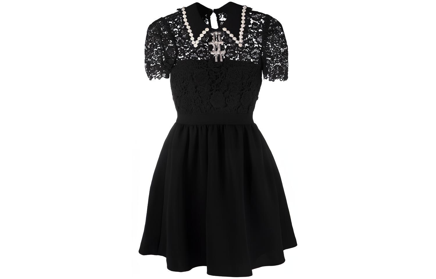 (Women) Self-Portrait SS22 Black Lace Short-Sleeve Dress with Crystal Embellishments Women RS22-034