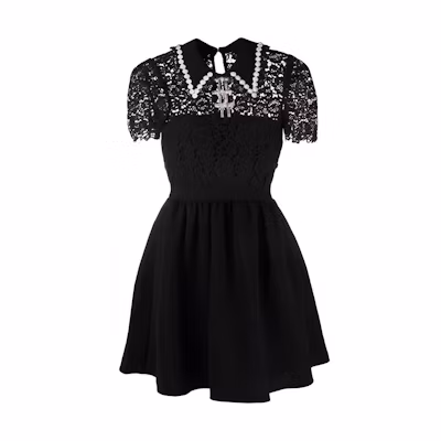 (Women) Self-Portrait SS22 Black Lace Short-Sleeve Dress with Crystal Embellishments Women RS22-034