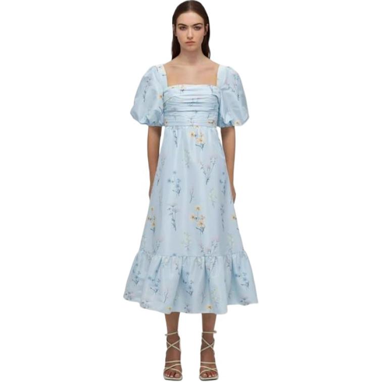 (Women) Self-Portrait SS22 Blue Daisy Floral Square Neck Puff Sleeve Maxi Dress for Women SWF332Y17400591