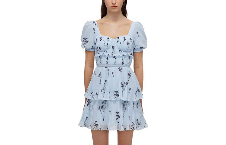 (Women) Self-Portrait SS22 Blue Floral Puff Sleeve Princess Fit Mini Dress SWF332Y16800