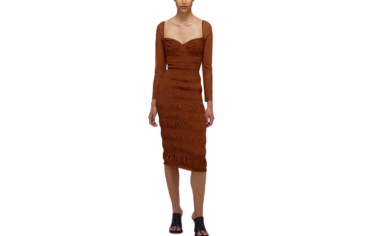 (Women) Self-Portrait SS22 Brown Ruched Fit Long Sleeve Dress French Chic Beach Elegance. SWF332Y13500