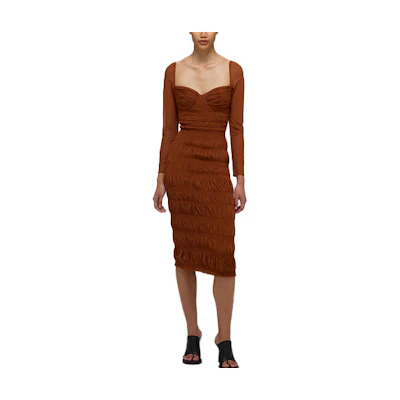 (Women) Self-Portrait SS22 Brown Ruched Fit Long Sleeve Dress French Chic Beach Elegance. SWF332Y13500