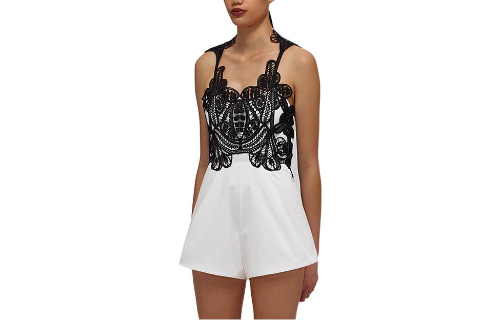 Shop (W) Self-Portrait SS22 Romper Wanita Putih Renda Crocheted Panel. SWF332K01300