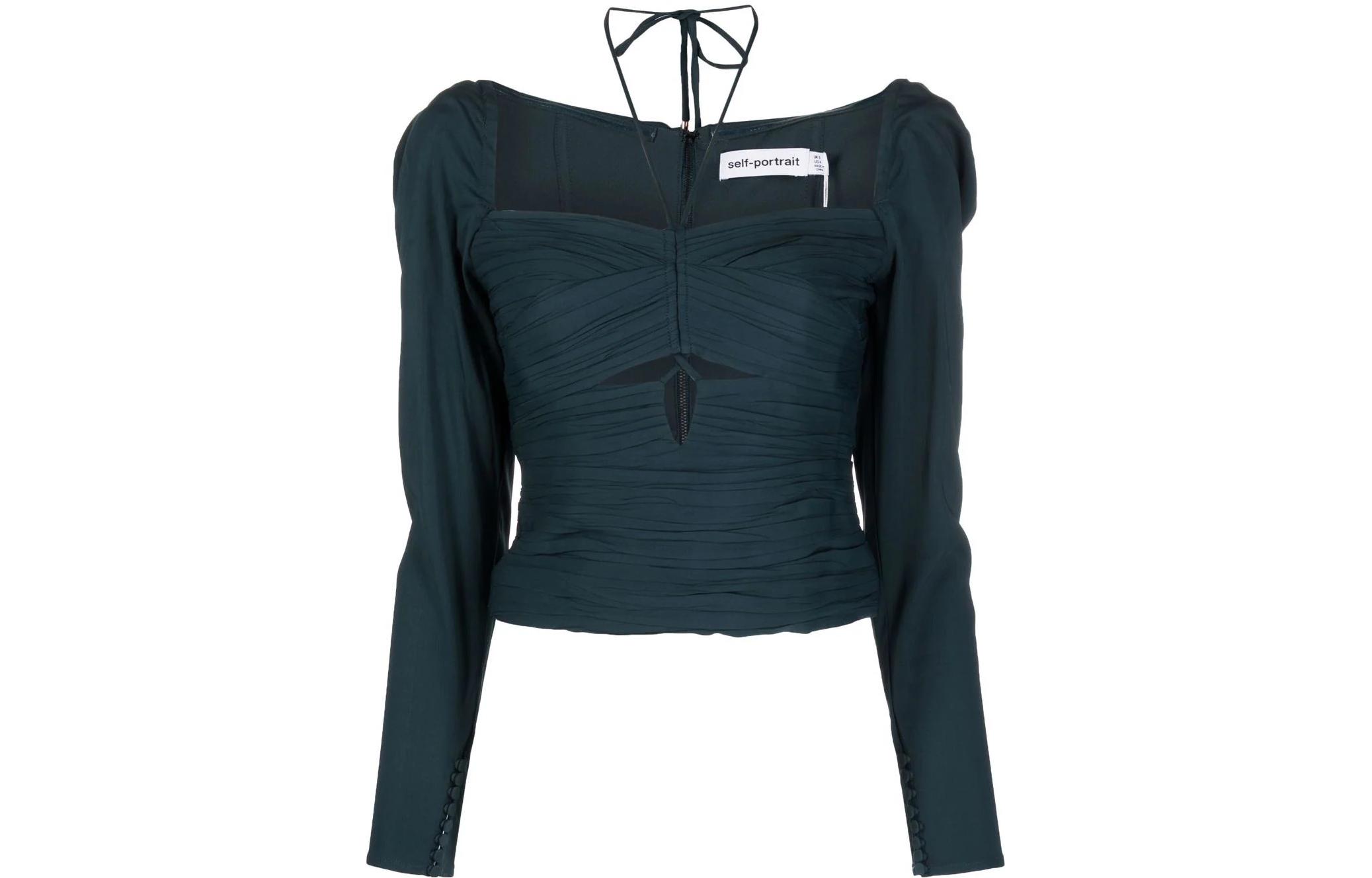 (Women) Self-Portrait SS22 Green Chiffon Long Sleeve Cut-Out Top Women SS22024TB