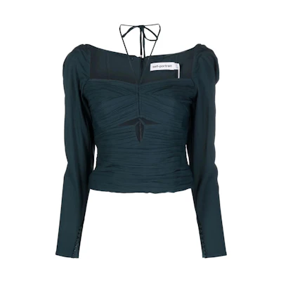 (Women) Self-Portrait SS22 Green Chiffon Long Sleeve Cut-Out Top Women SS22024TB