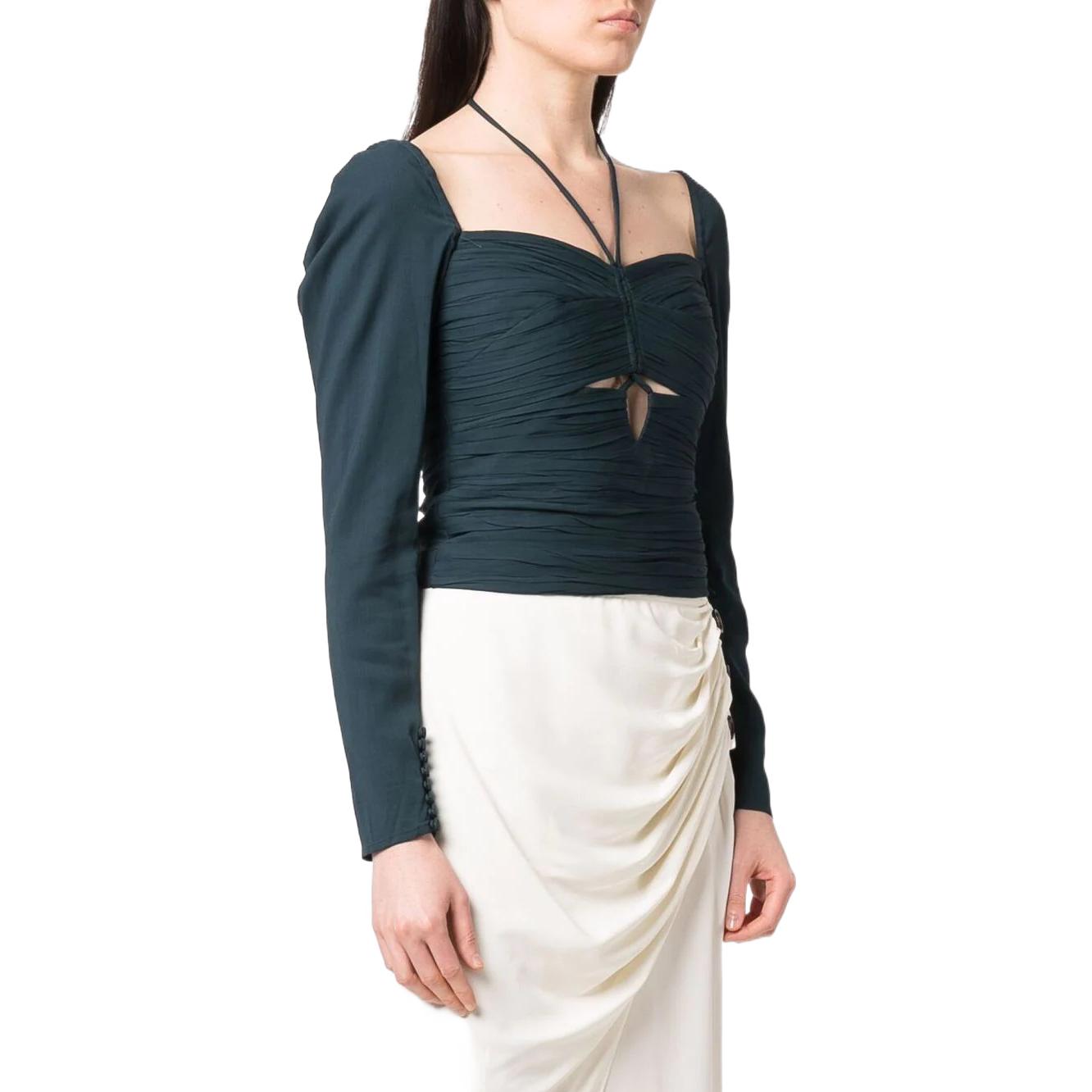 Shop (W) Self-Portrait SS22 Hijau Chiffon Lengan Panjang Top Wanita Potongan Terbuka SS22024TB