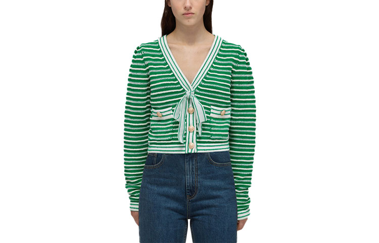 (Women) Self-Portrait SS22 Green Stripe Print V-Neck Cropped Knit Top Women. SWF332M06900