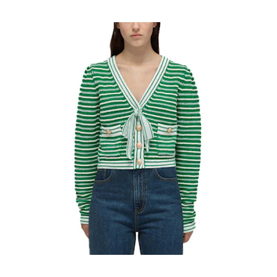 (Women) Self-Portrait SS22 Green Stripe Print V-Neck Cropped Knit Top Women. SWF332M06900