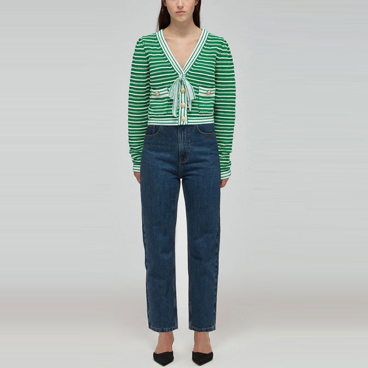 Shop (W) Self-Portrait SS22 綠色條紋V領短版針織上衣 女款 SWF332M06900