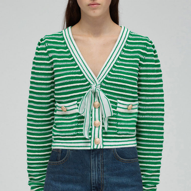 Purchase (W) Self-Portrait SS22 綠色條紋V領短版針織上衣 女款 SWF332M06900