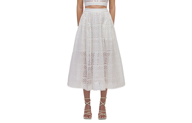 (Women) Self-Portrait SS22 High-Waist Floral Midi Skirt in Pure White for Women. SWF332Q01800