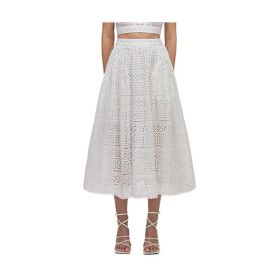 (Women) Self-Portrait SS22 High-Waist Floral Midi Skirt in Pure White for Women. SWF332Q01800