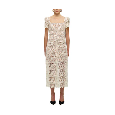 (Women) Self-Portrait SS22 Ivory Lace Square Neck Crystal Slim Long Dress Women. SWF331Y04900