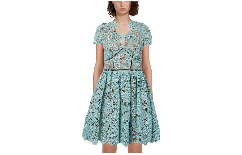 (Women) Self-Portrait SS22 Lace Pleated V-Neck Short-Sleeve Mini Dress Misty Blue Women. SWF333Y03600