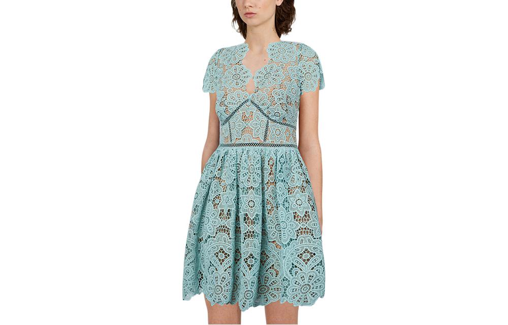 Shop (W) Self-Portrait 2022春夏蕾丝褶皱V领短袖迷你连衣裙薄雾蓝 女款 SWF333Y03600