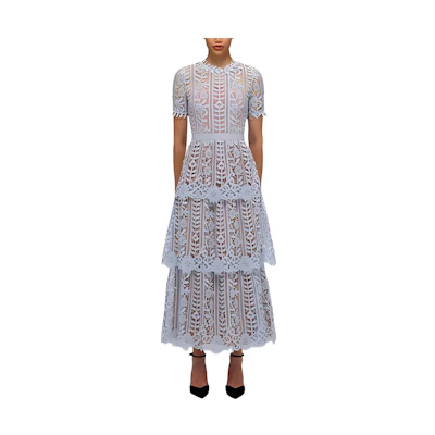 (Women) Self-Portrait SS22 Lace Trim Hollow-Out Short Sleeve Dress Misty Blue Women. SWF332Y15300