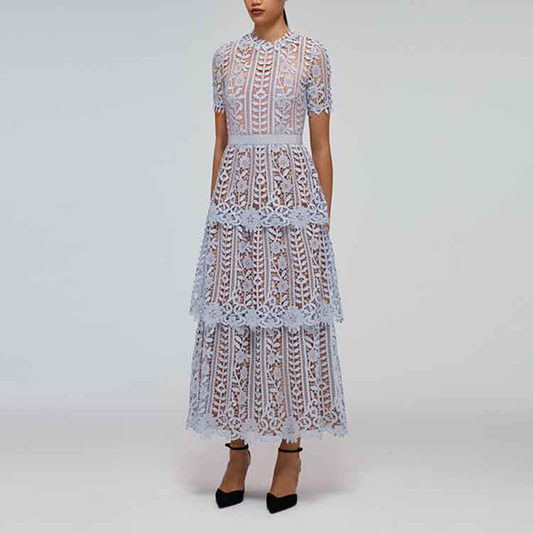 (Women) Self-Portrait SS22 Lace Trim Hollow-Out Short Sleeve Dress Misty Blue Women. SWF332Y15300 圖 3