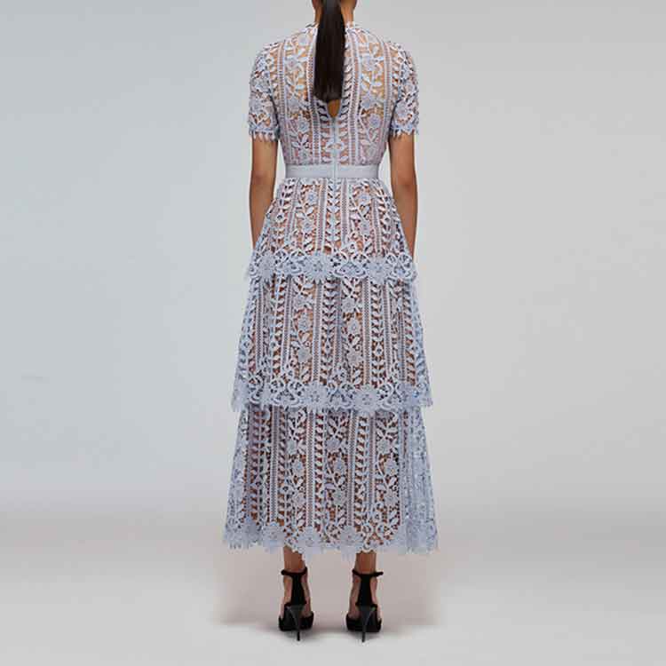 (Women) Self-Portrait SS22 Lace Trim Hollow-Out Short Sleeve Dress Misty Blue Women. SWF332Y15300 圖 4