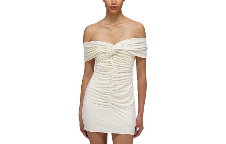 (Women) Self-Portrait SS22 Off-Shoulder Cross Pleated Ivory White Short Dress for Women SWF332Y13700